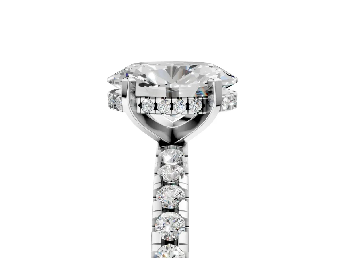 Oval Cut Diamond Solitaire Ring with Round Pavé Band and Four-Prong Setting Silver