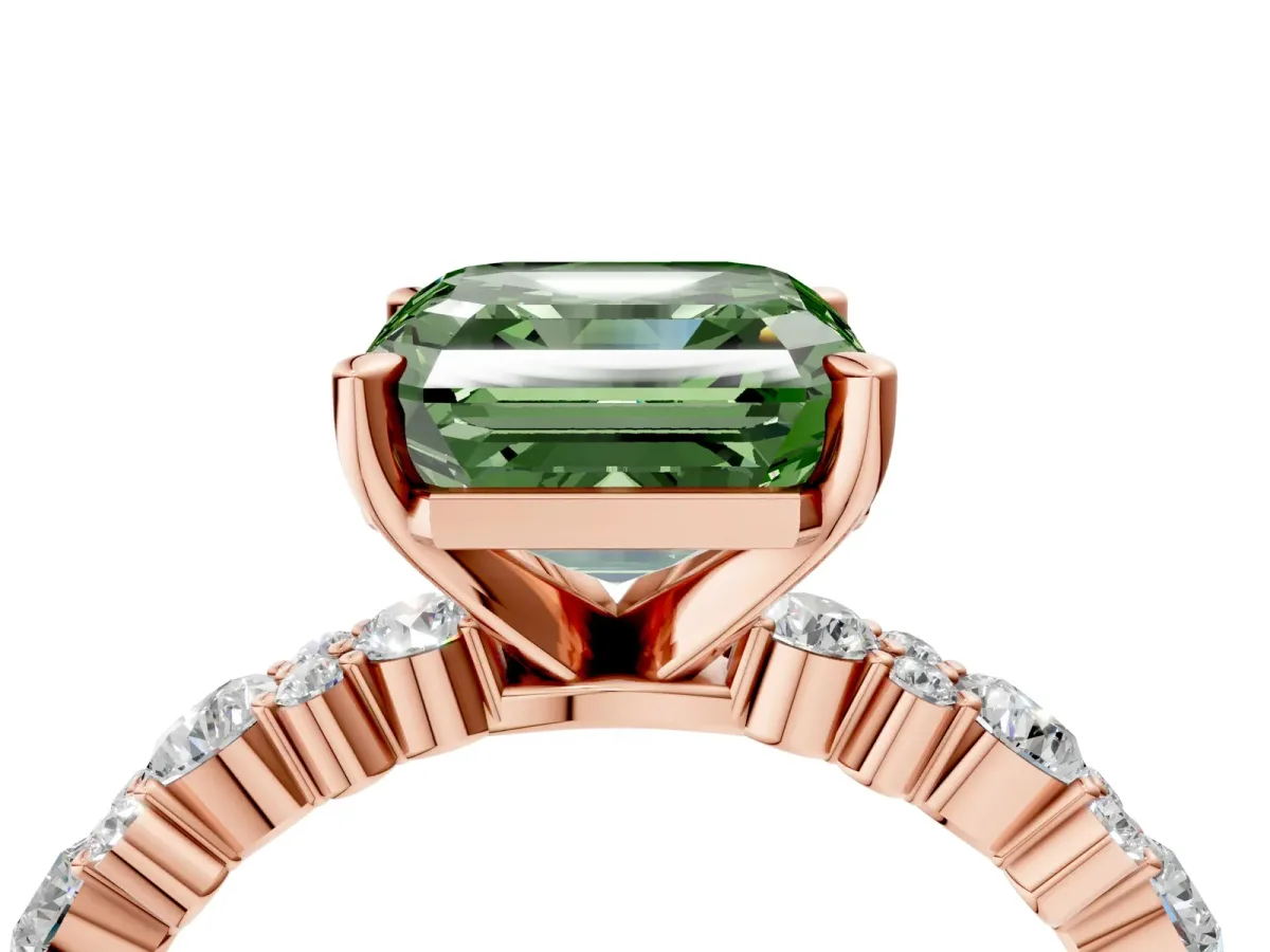 Fancy Green Asscher Cut Diamond Side Stone Solitaire Ring with Round and Four-Prong Setting Rose gold