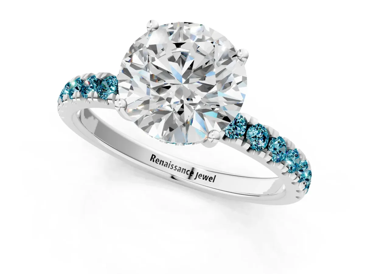 Round Cut Diamond Pave Band Solitaire Ring with Round Blue Topaz and Prong Setting Silver