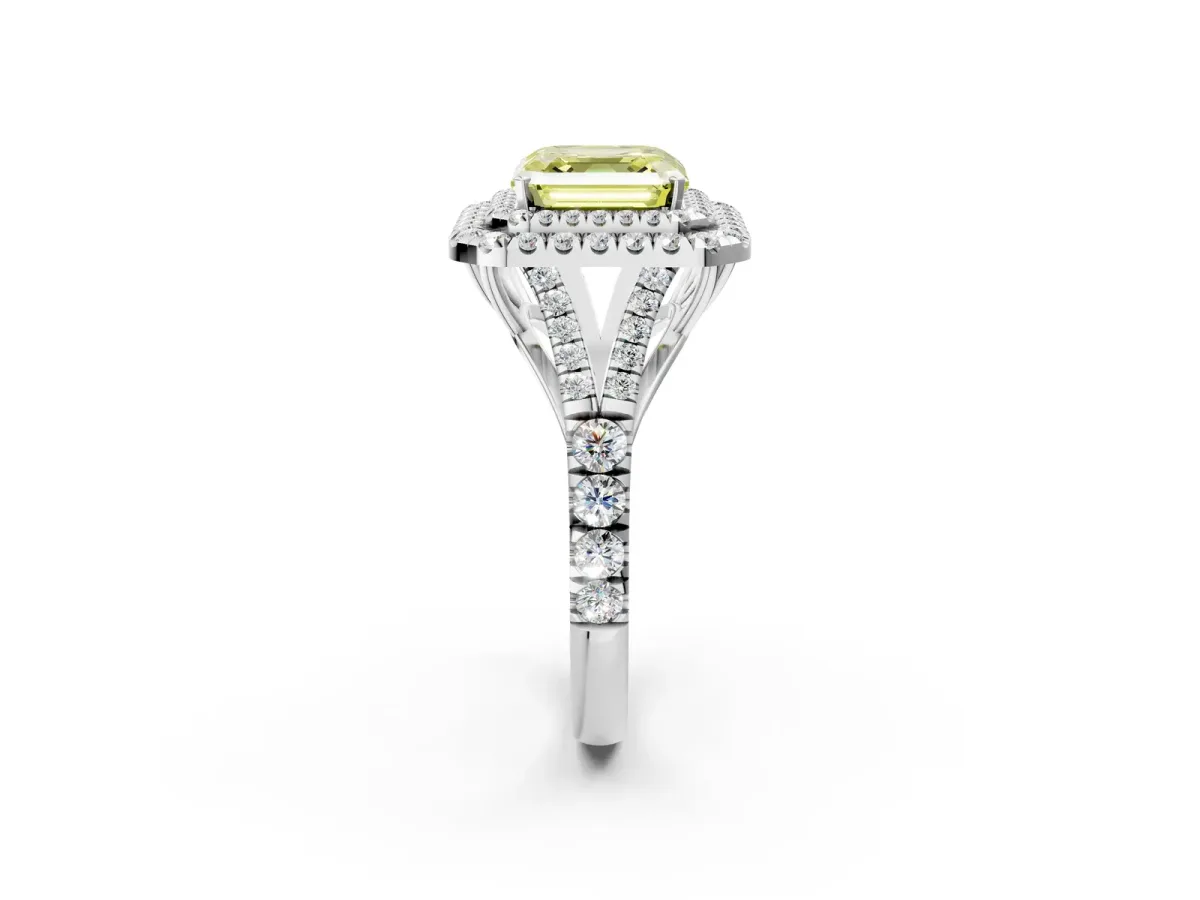 Fancy Yellow Asscher Cut Cut Double Halo Split Shank Diamond Ring with Prong Setting Platinum