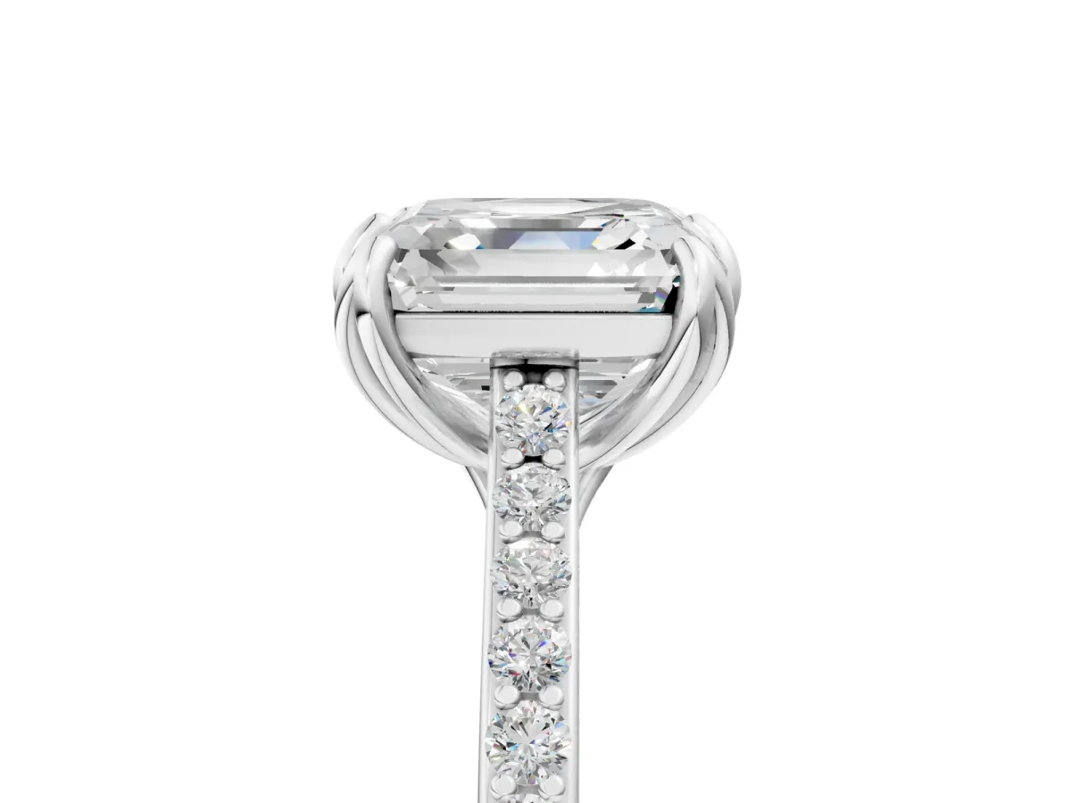 Asscher Cut Solitaire Diamond Engagement Ring with Pave Band and Six-Prong Setting Platinum