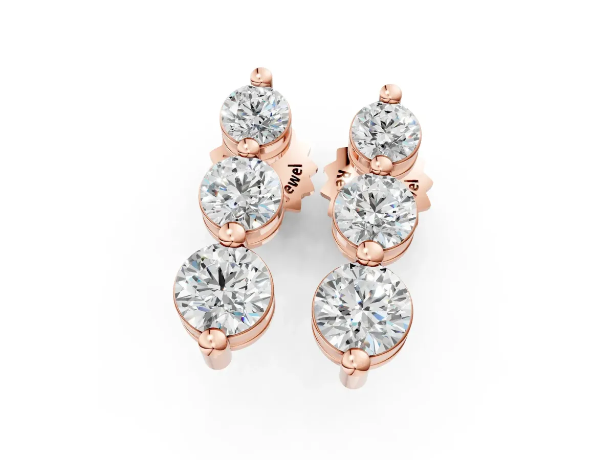 Three-Stone Round Diamond Drop Earrings with Prong Setting on White Gold Rose gold