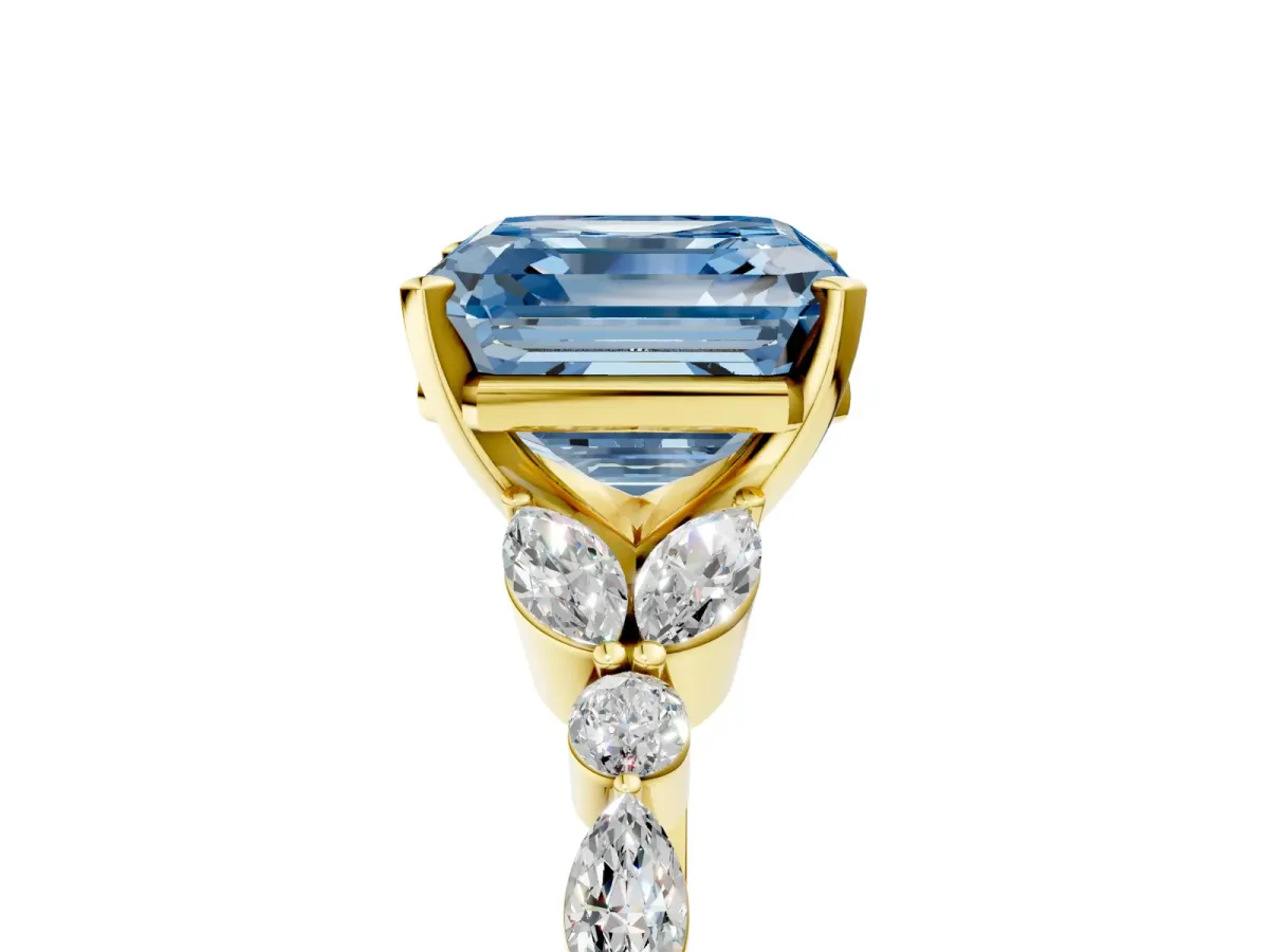 Fancy Blue Asscher Cut Diamond Solitaire Ring with Side Stones and Four-Prong Setting Yellow gold