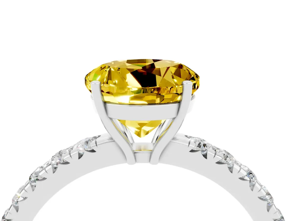 Round Cut Yellow Sapphire Pavé Solitaire Engagement Ring with Four-Prong Setting Silver