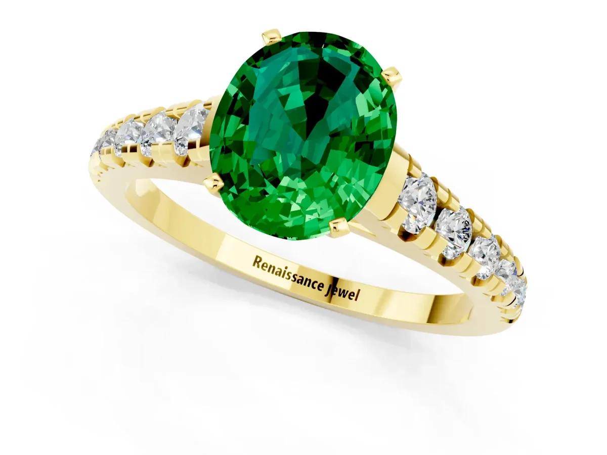 Oval Cut Emerald Cathedral Solitaire Ring with Round Pavé Band Yellow gold