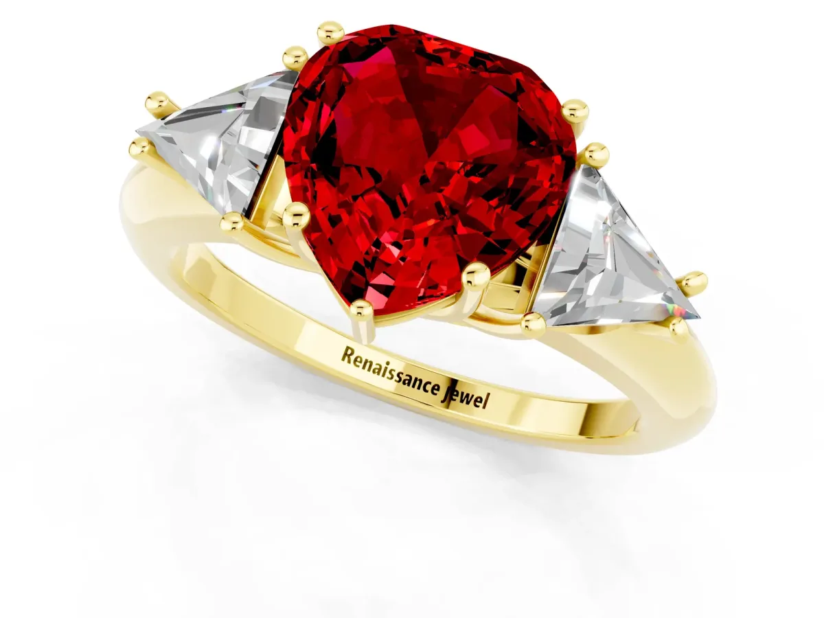 Three-Stone Heart Cut Ruby Engagement Ring with Trillion Side Stones and Prong Setting Yellow gold