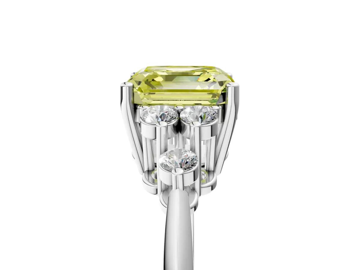Fancy Yellow Asscher Cut Cut Diamond Cluster Ring with Solitaire Band and Four-Prong Setting Platinum