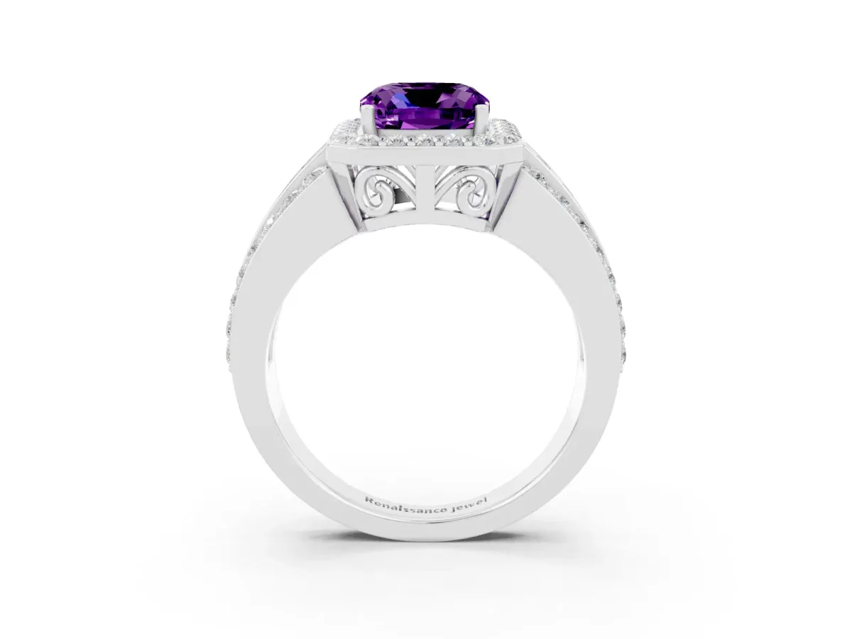 Cushion Cut Halo Amethyst Ring with Round Split Shank and Prong Setting Platinum