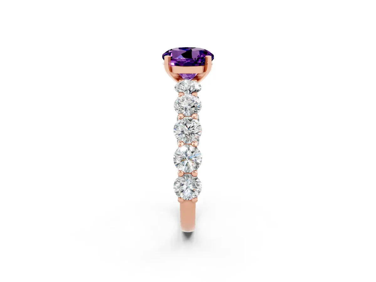 Round Cut Amethyst Prong Setting with Side Stones on a Pave Band Rose gold