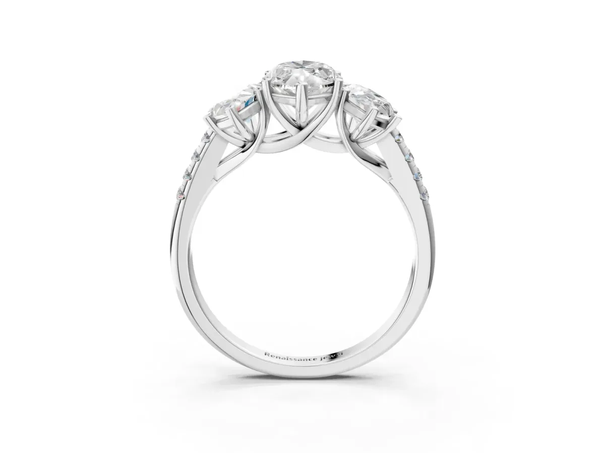 Three-Stone Marquise Cut Diamond Ring with Round Moissanite Pavé Band and Prong Setting Silver