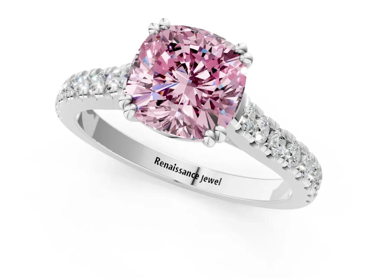 Fancy Pink Cushion Cut Solitaire Pave Diamond Engagement Ring with Prong Setting White gold