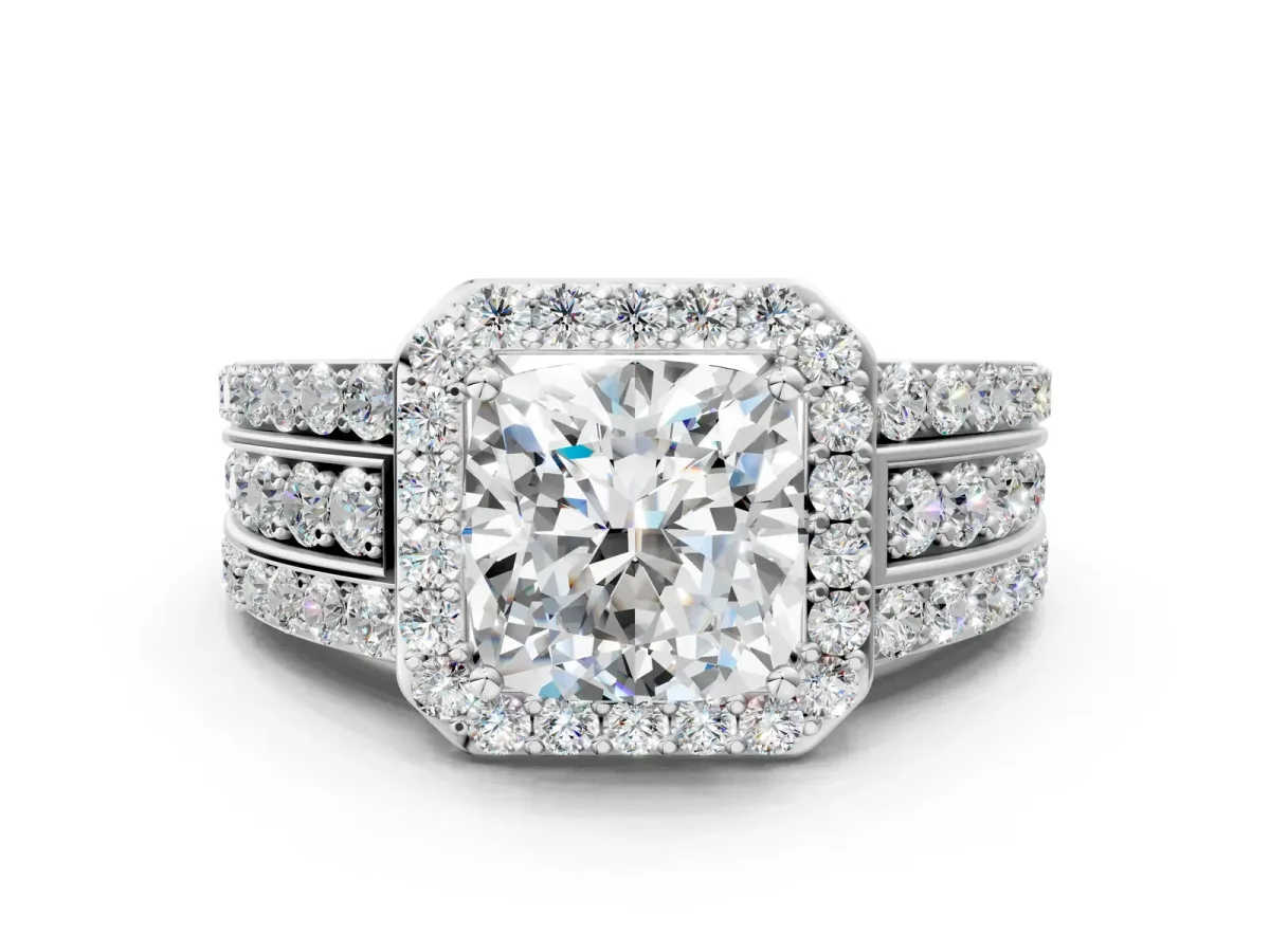 Cushion Cut Halo Diamond Ring with Round Split Shank and Prong Setting Platinum