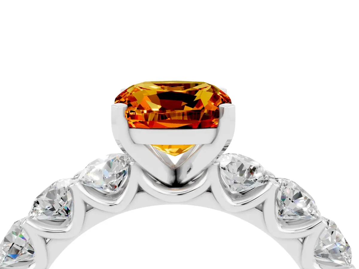 Cushion Cut Citrine Prong Setting with Side Stones on a Pave Band Platinum