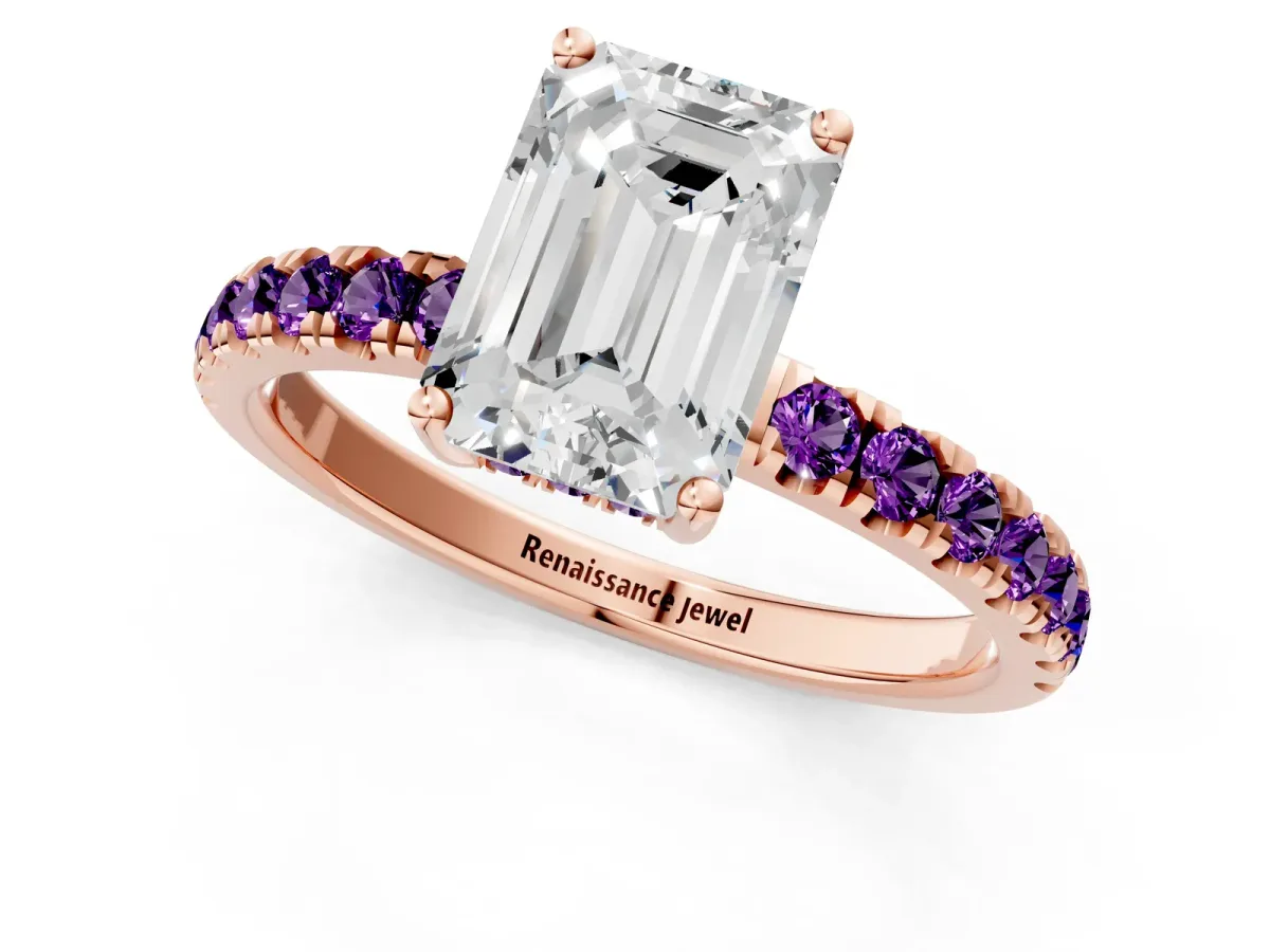 Emerald Cut Diamond Pave Band Solitaire Ring with Round Amethyst and Prong Setting Rose gold