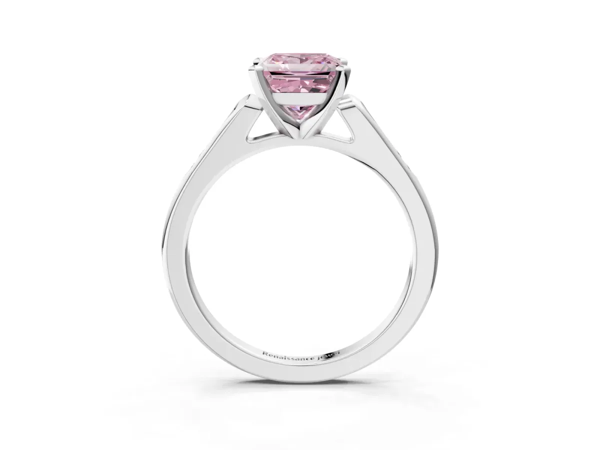 Fancy Pink Princess Cut Diamond Solitaire Ring with Channel Set Round Band and Prong Setting Silver