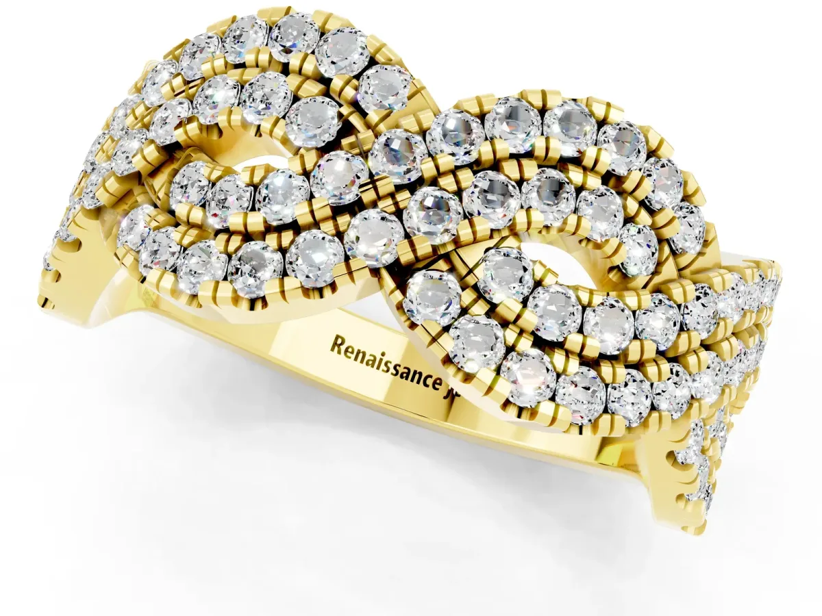 Pavé Round Moissanite Infinity Twist Band with Shared Prong Setting Yellow gold