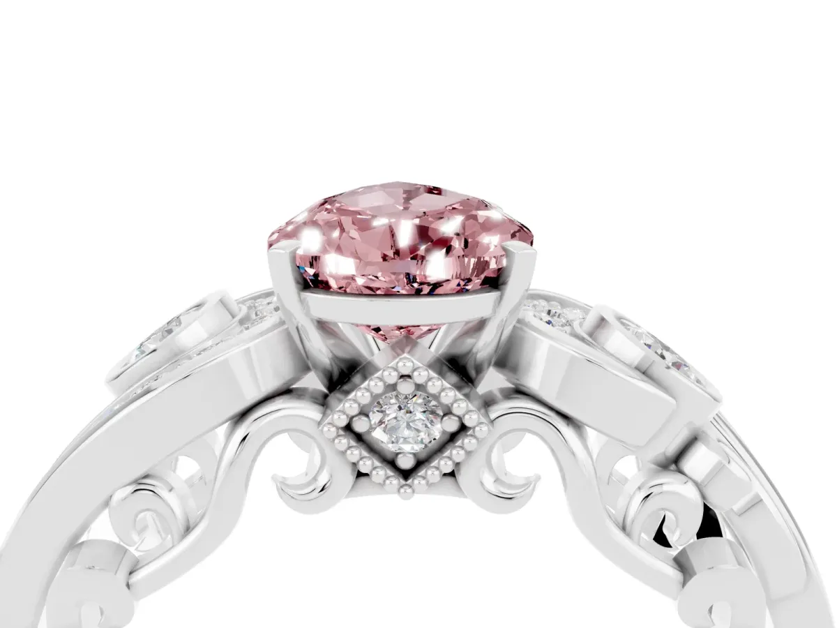 Pear Cut Morganite Solitaire Ring with Milgrain Pavé Band and Four-Prong Setting Silver