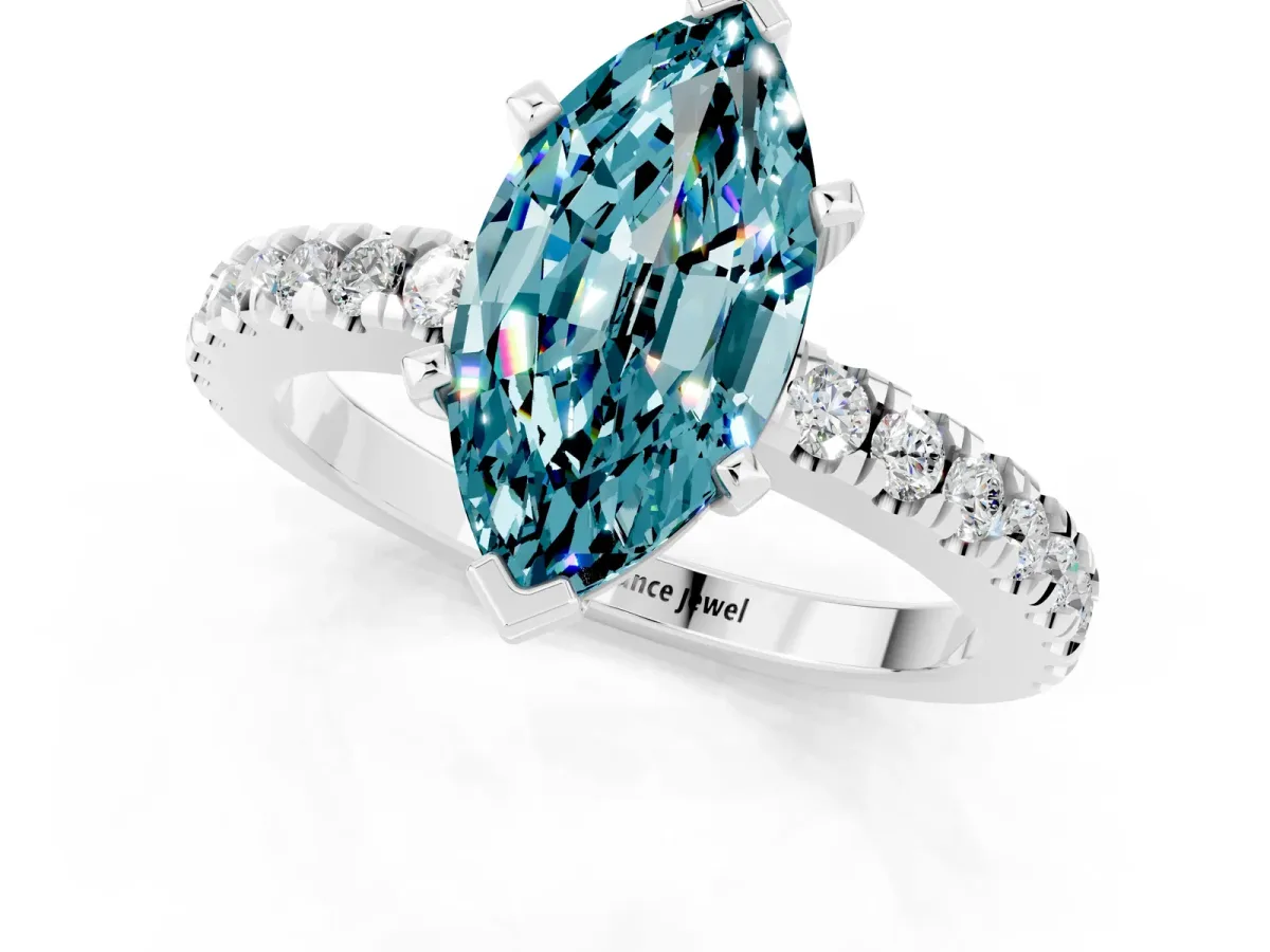 Marquise Cut Solitaire Blue Topaz with Pavé Band and Four-Prong Setting Silver