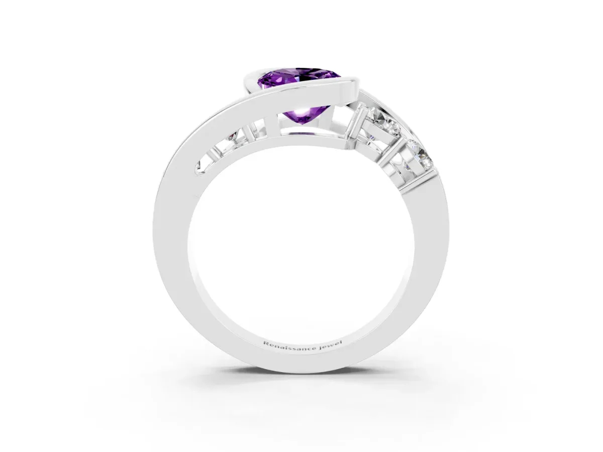 Bezel Set Oval Cut Amethyst Bypass Ring with Round Accents Platinum