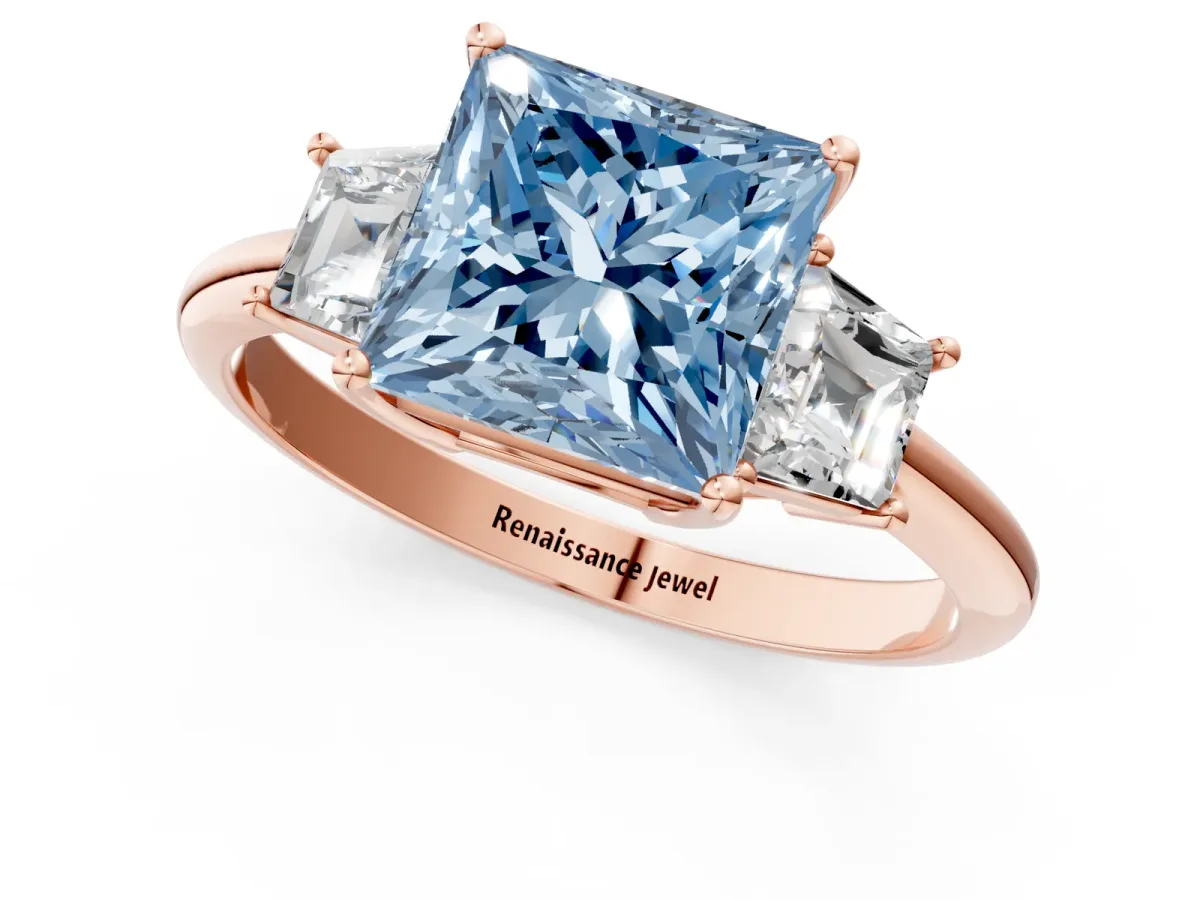 Fancy Blue Princess Cut Diamond Three-Stone Ring with Trapezoid Side Stones and Prong Setting Rose gold