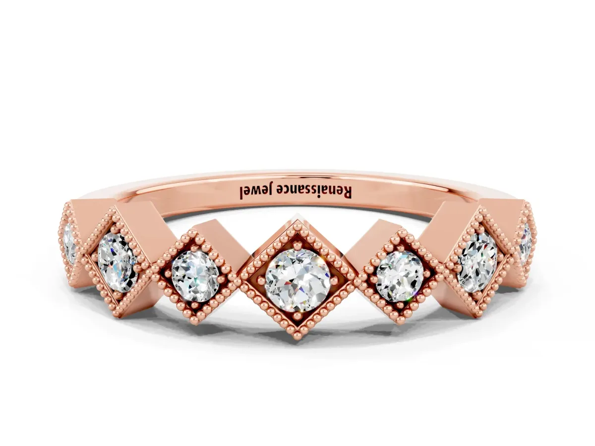 Milgrain Square Bezel Round Moissanite Chevron Band Rose gold