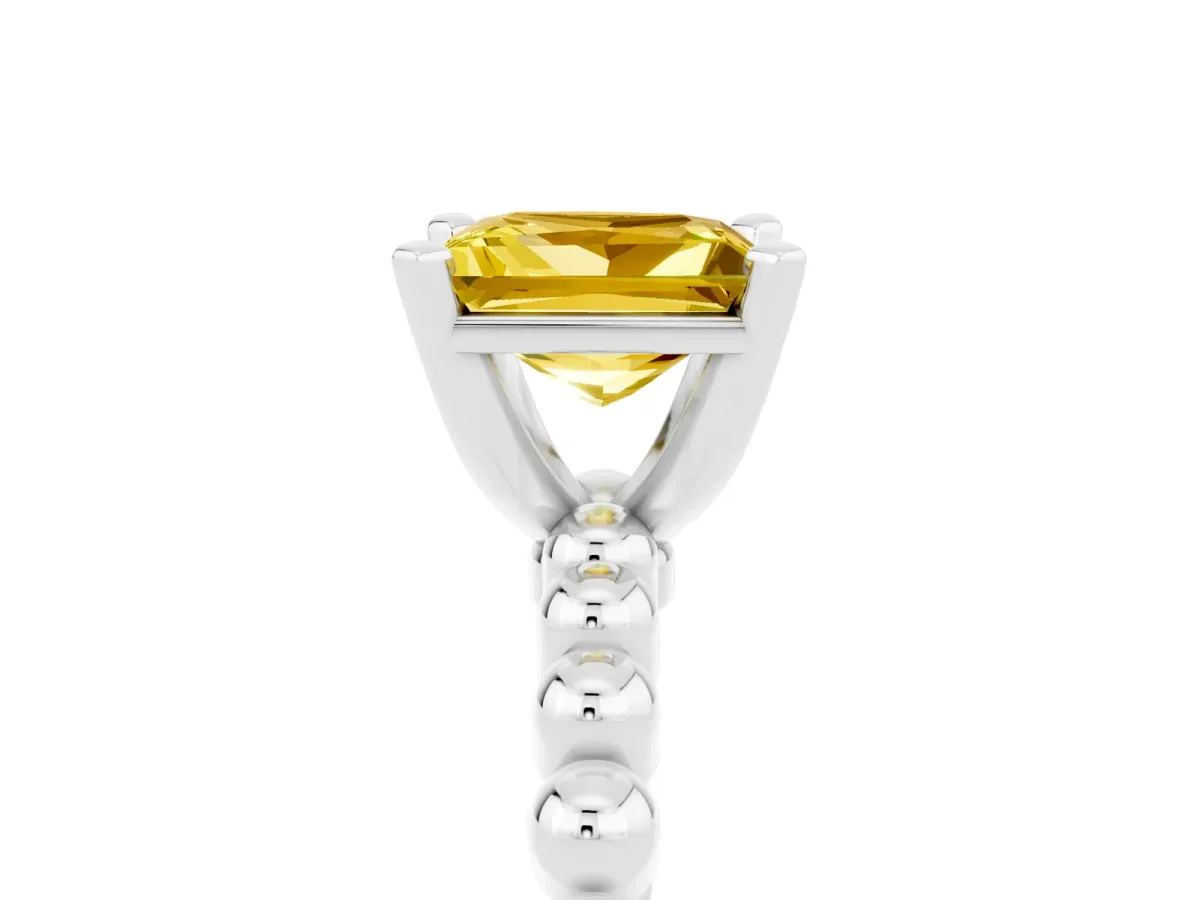Princess Cut Yellow Sapphire Solitaire Ring with Beaded Band and Prong Setting Silver