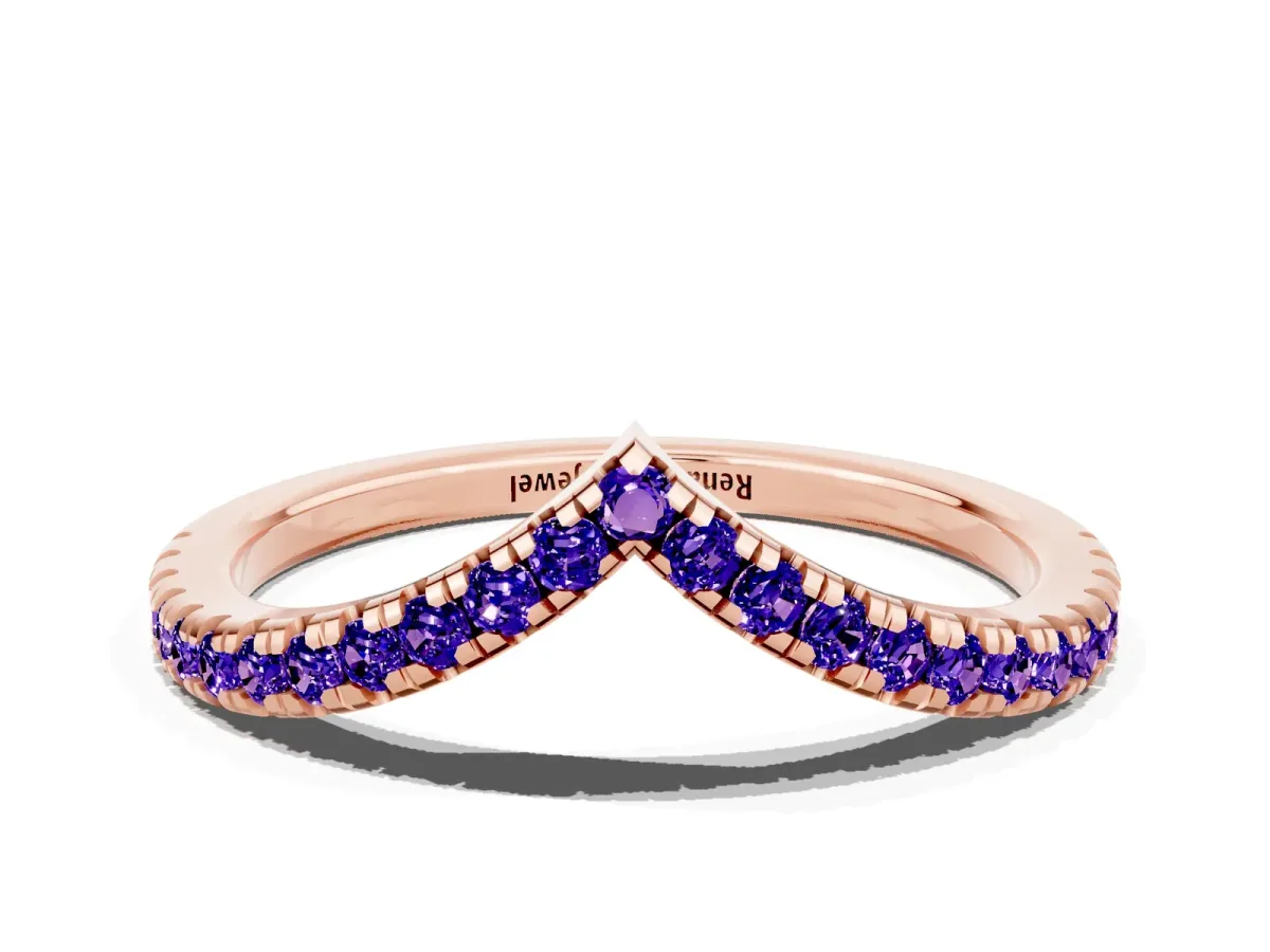 Pavé Round Tanzanite V-Shaped Chevron Band with Shared Prong Setting Rose gold