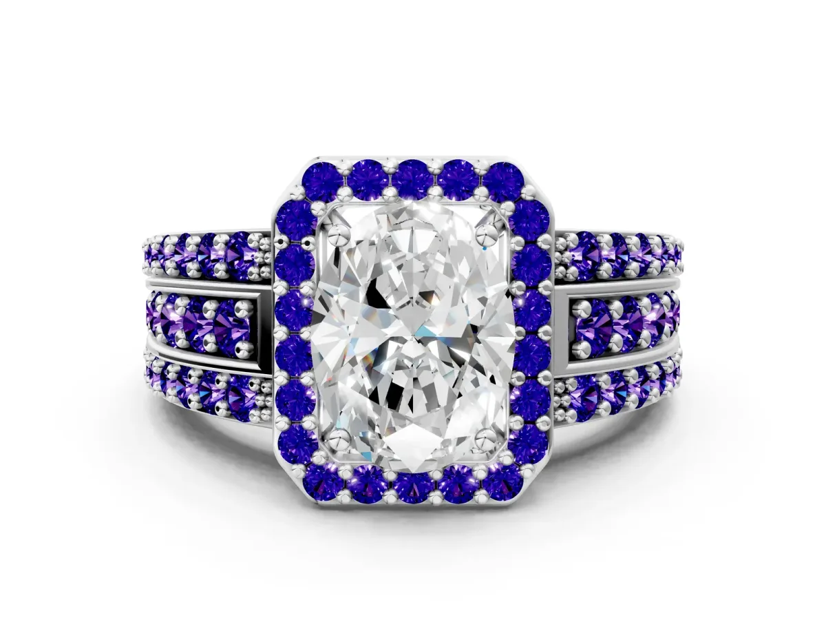 Oval Cut Halo Diamond Ring with Round Tanzanite Split Shank and Prong Setting Silver