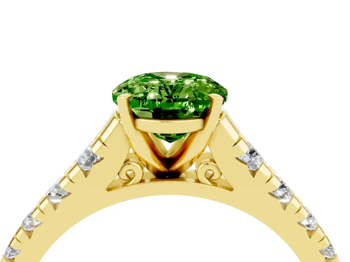 Oval Cut Peridot Cathedral Solitaire Ring with Round Pavé Band Yellow gold