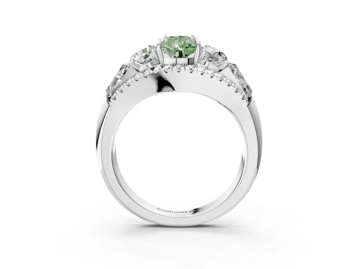 Fancy Green Three-Stone Pear Cut Diamond Engagement Ring with Pave Band and Prong Setting Platinum