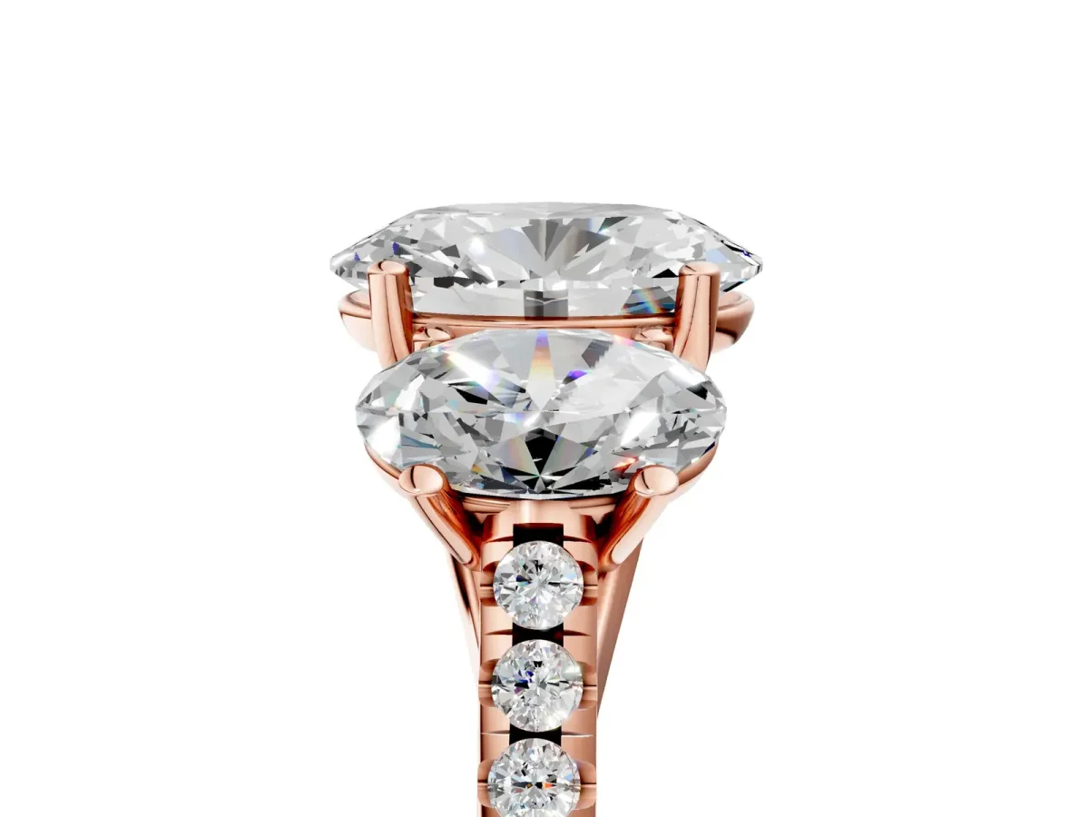 Three-Stone Oval Cut Diamond Ring with Round Pavé Band and Prong Setting Rose gold