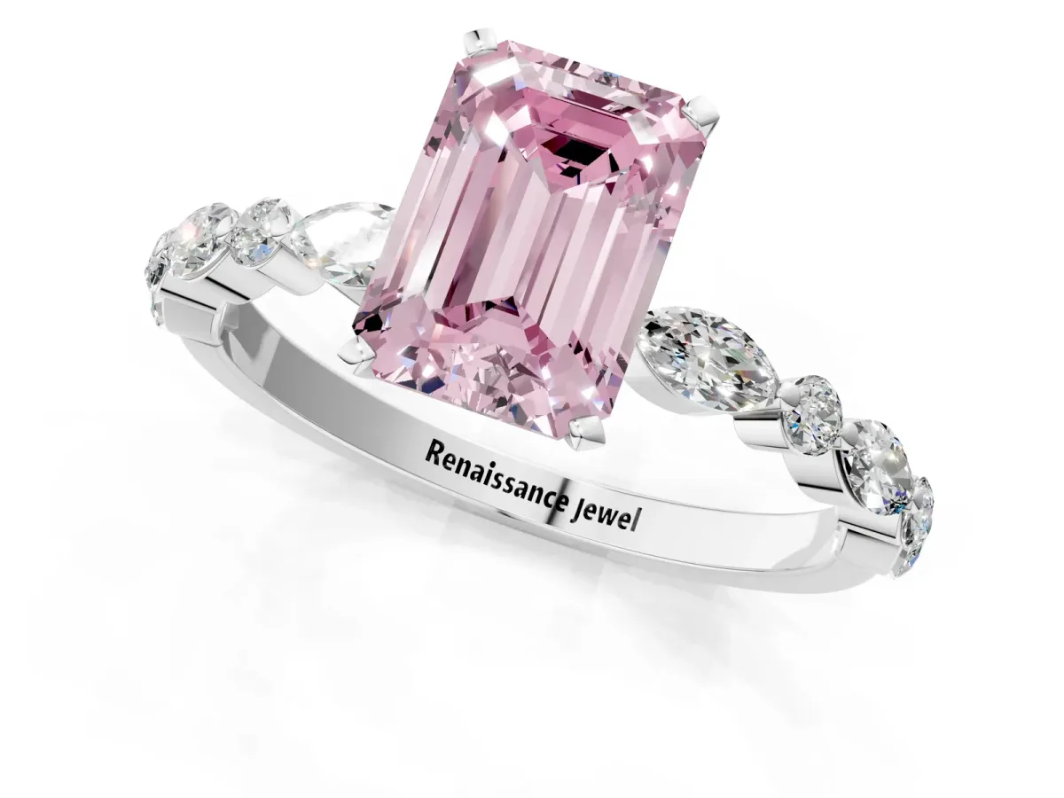 Fancy Pink Emerald Cut Diamond Ring with Marquise and Round Side Stones and Four-Prong Setting Silver