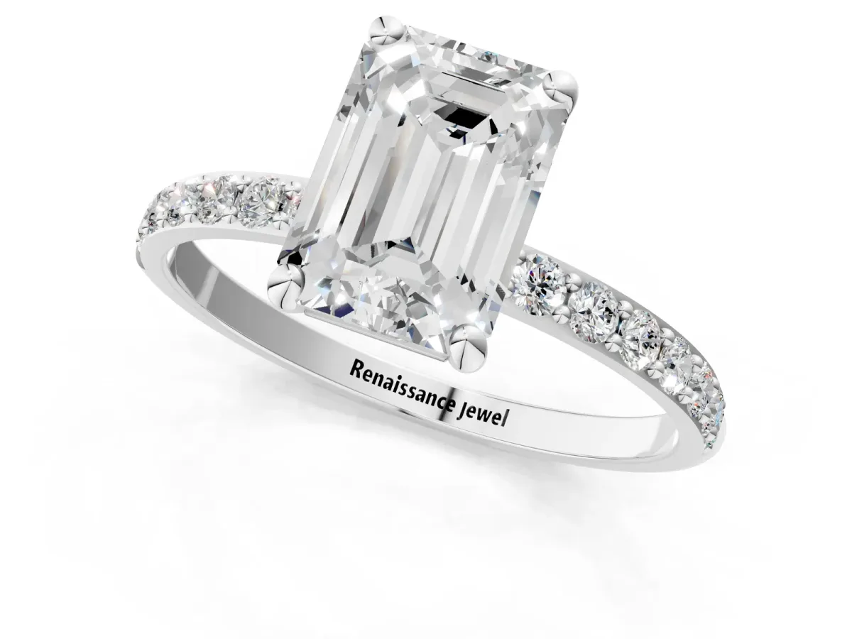 Emerald Cut Diamond Solitaire Ring with Round Pavé Band and Prong Setting Silver