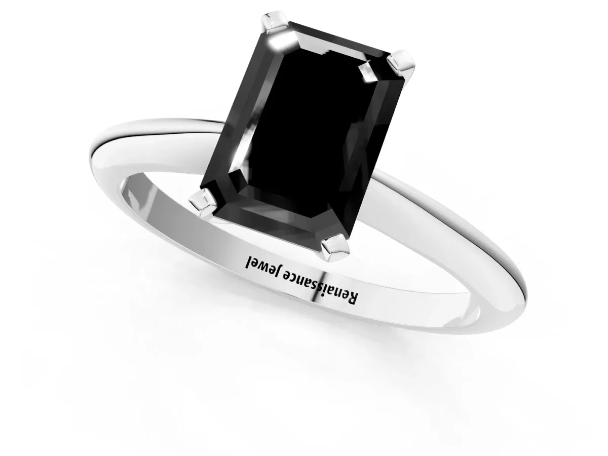 Fancy Black Emerald Cut Diamond Solitaire Engagement Ring with Classic Band and Four-Prong Setting Silver