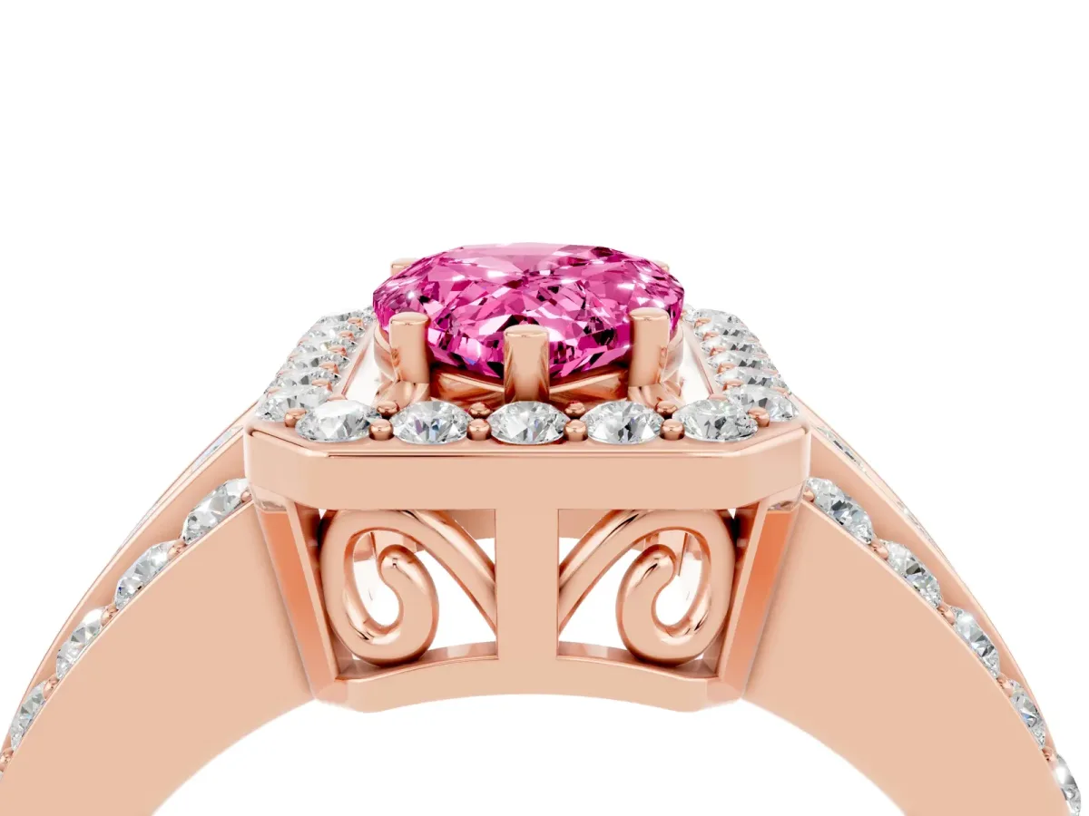 Pear Cut Halo Pink Sapphire Ring with Round Split Shank and Prong Setting Rose gold