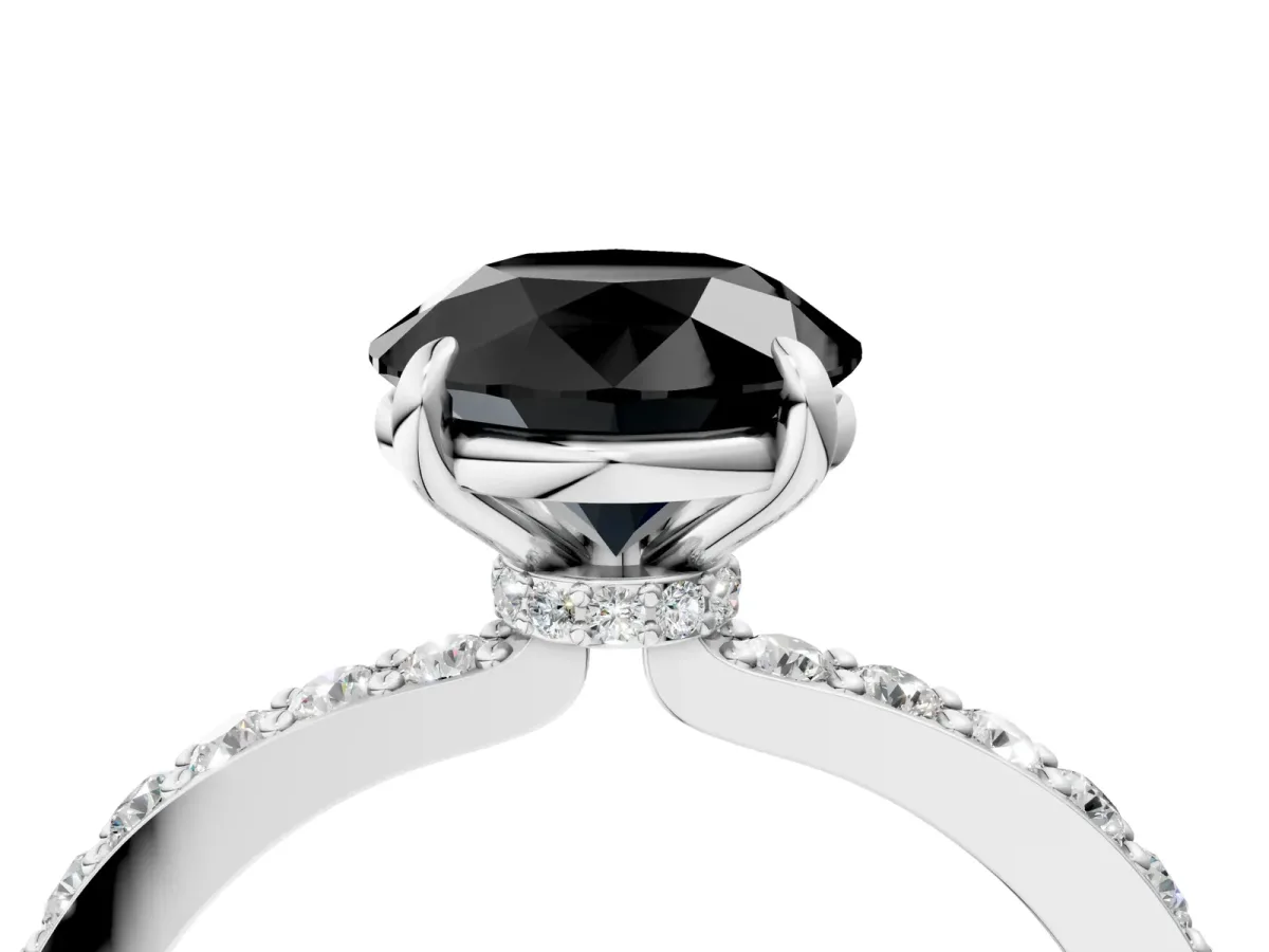 Fancy Black Round Cut Diamond Solitaire Engagement Ring with Pavé Band and Four-Prong Setting Silver
