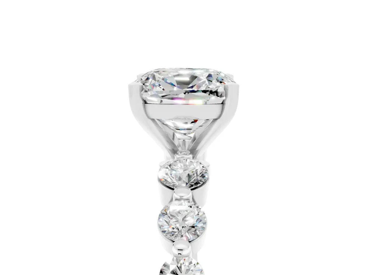 Cushion Cut Solitaire Moissanite Ring with Pave Band and Four-Prong Setting Silver