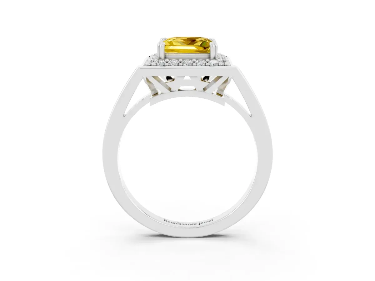 Princess Cut Yellow Sapphire Halo Ring with Split Shank and Four-Prong Setting Platinum
