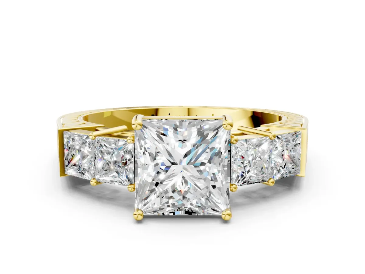 Princess Cut Solitaire Princess Side Stone Engraved Band Prong Setting Ring Yellow gold