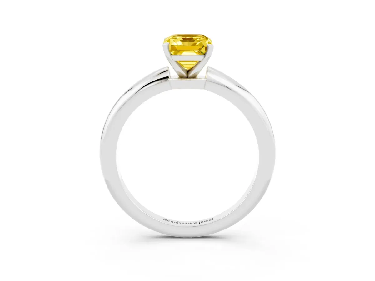 Emerald Cut Yellow Sapphire Solitaire Ring with Six-Prong Setting and Classic Band Silver