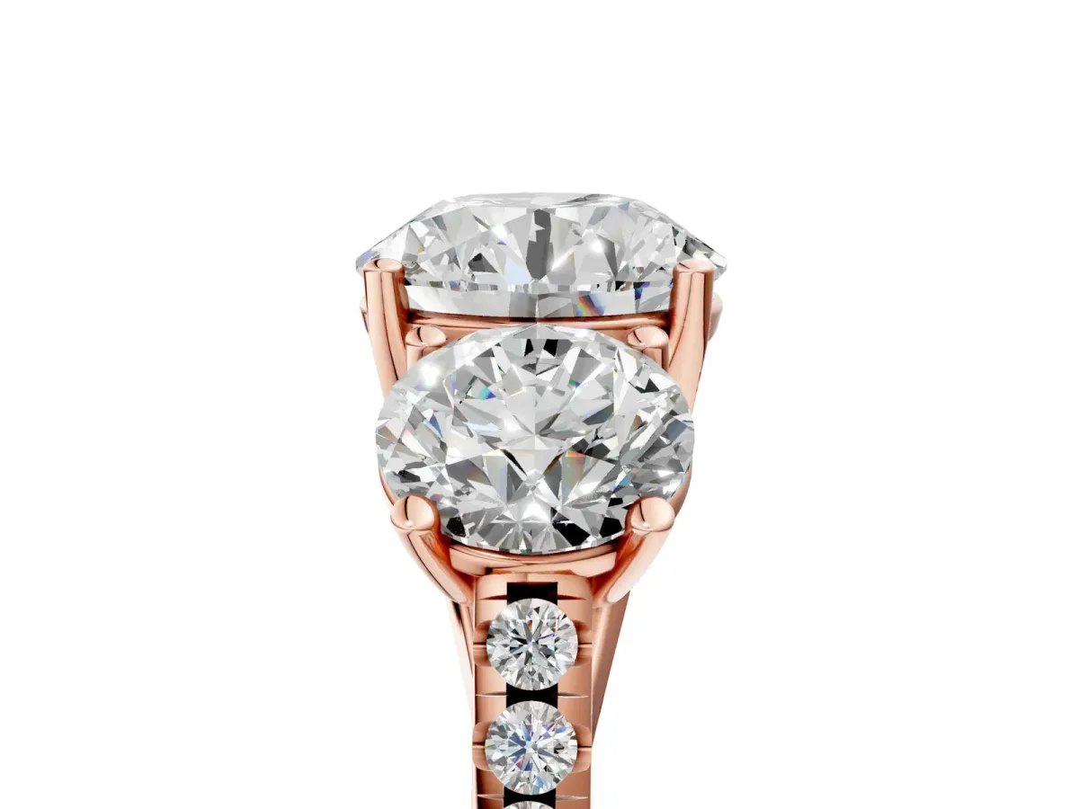 Fancy Blue Three-Stone Round Cut Diamond Ring with Round Pavé Band and Prong Setting Rose gold