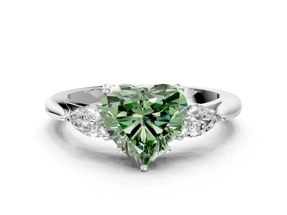 Fancy Green Three-Stone Heart Cut Diamond Ring with Pear Side Stones in Four-Prong Setting Platinum