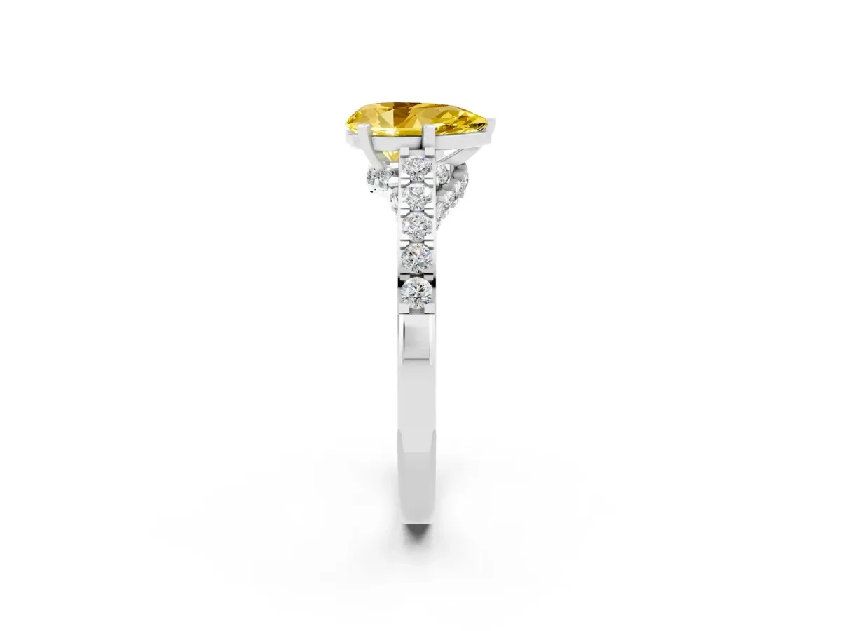 Pear Cut Yellow Sapphire Solitaire Ring with Crossover Gallery and Round Pavé Band Silver