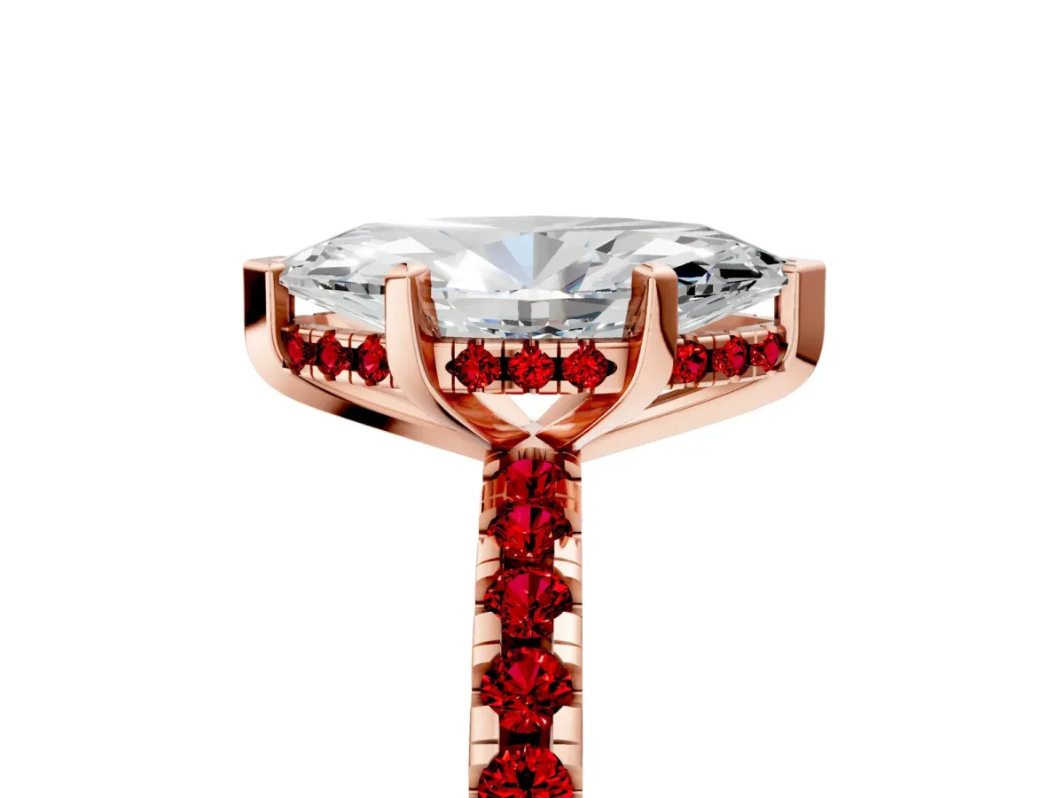 Marquise Cut Diamond Solitaire Ring with Round Ruby Pavé Band and Four-Prong Setting Rose gold