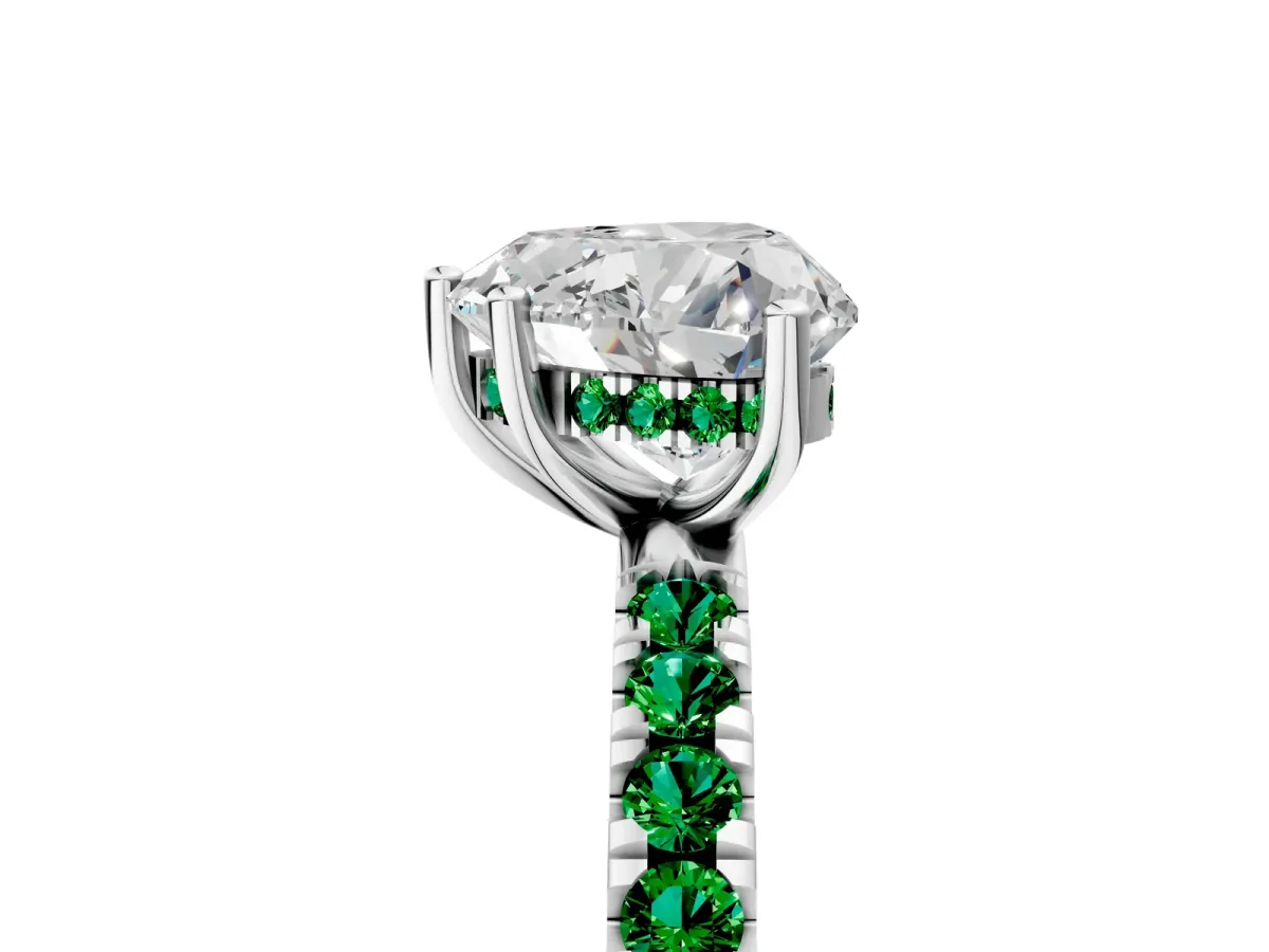 Heart Cut Diamond Pave Band Solitaire Ring with Round Emerald and Prong Setting Platinum