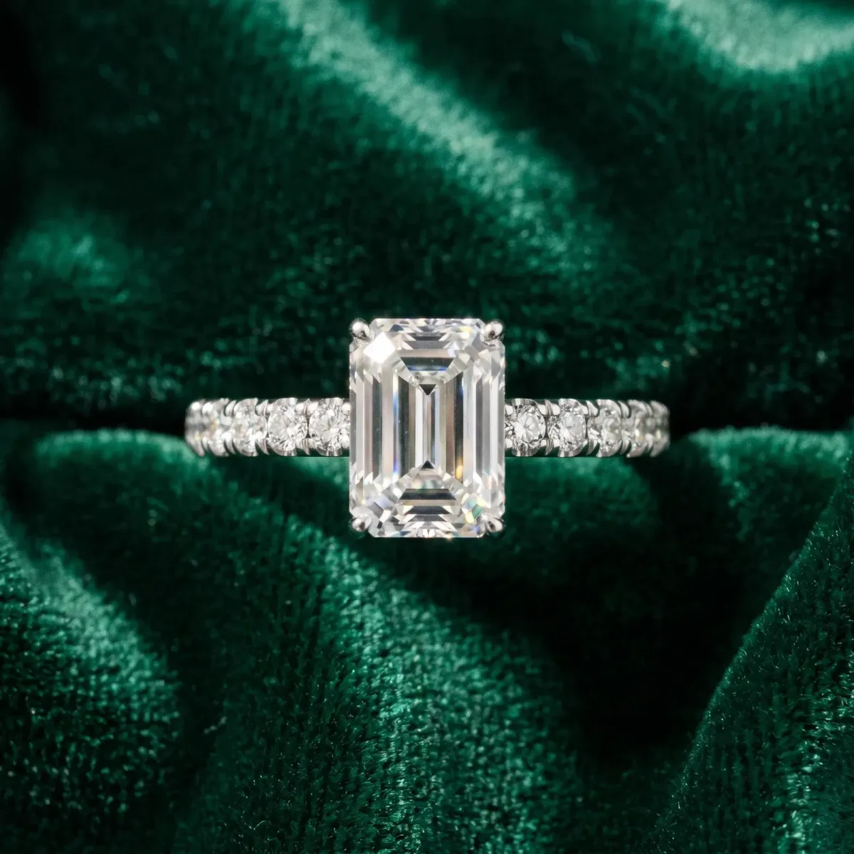 Emerald Cut Diamond Pave Band Solitaire Ring with Round and Prong Setting White gold