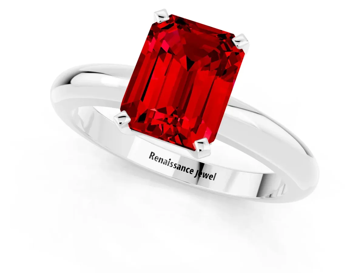 Emerald Cut Ruby Solitaire Engagement Ring with Round Band and Four-Prong Setting Silver
