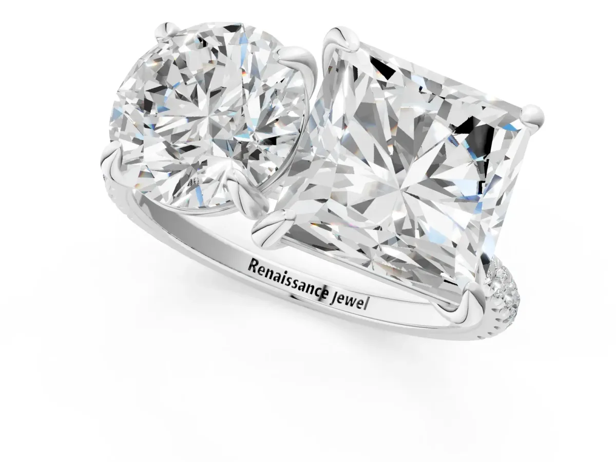 Round and Princess Toi Moi Ring with Prong Setting and Pave Band Silver