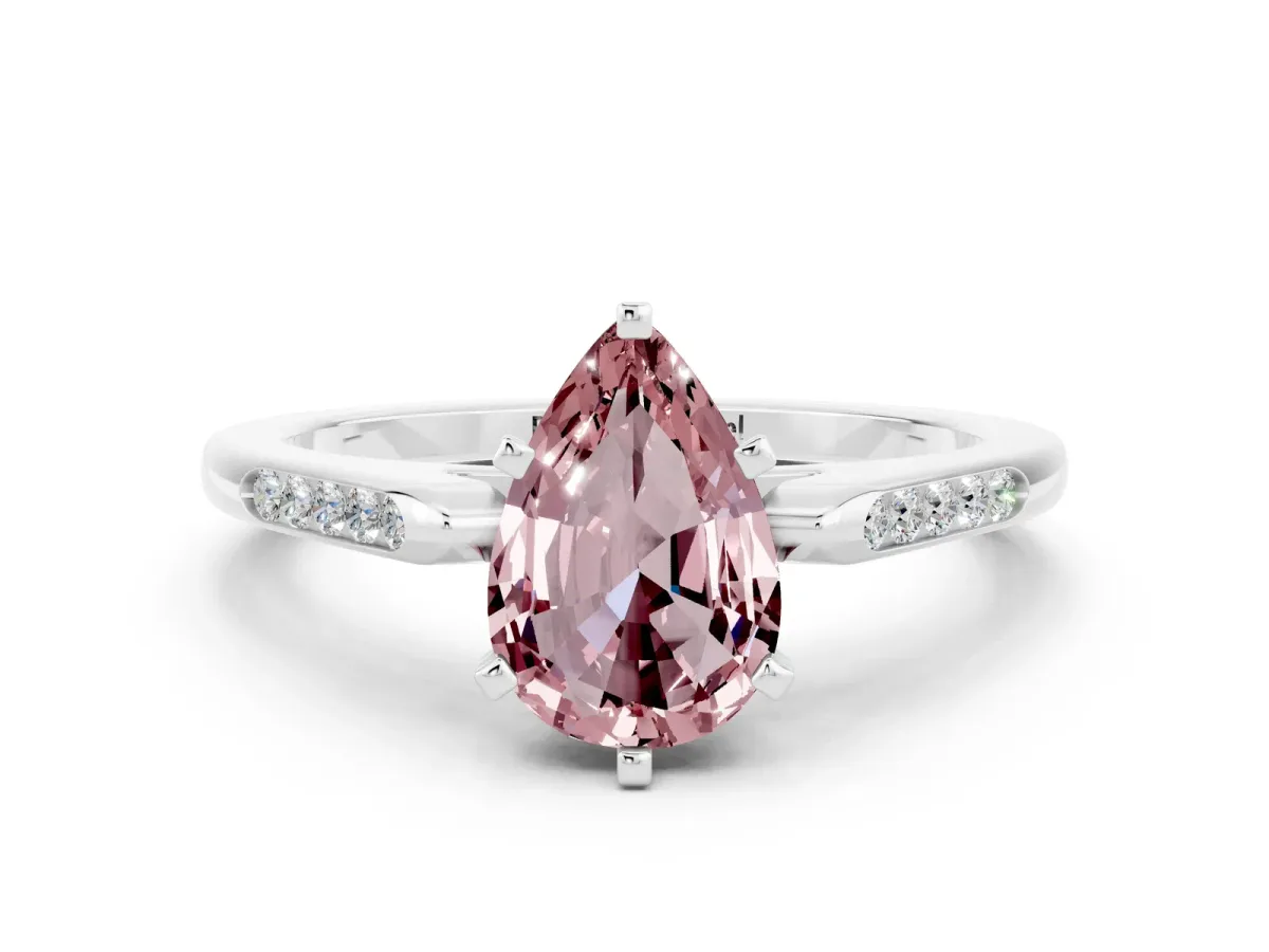 Pear Cut Morganite Solitaire Ring with Channel Set Round Band and Prong Setting Silver