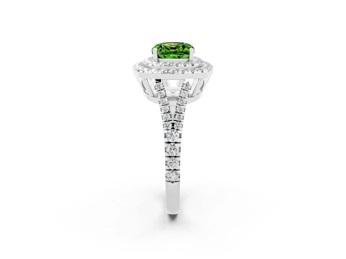 Cushion Cut Peridot Double Halo Ring with Pavé Band and Prong Setting Platinum